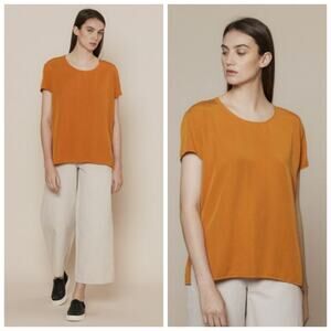 Folk Clothing 100% Lyocell Woven Short Sleeve Side Slit Marigold Crewneck Top